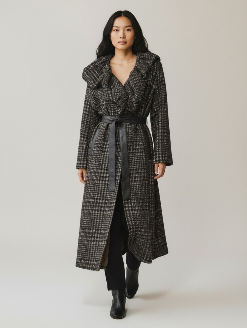 Zara Limited Edition Balloon Collar Coat Tweed Houndstooth Belted Size M-L